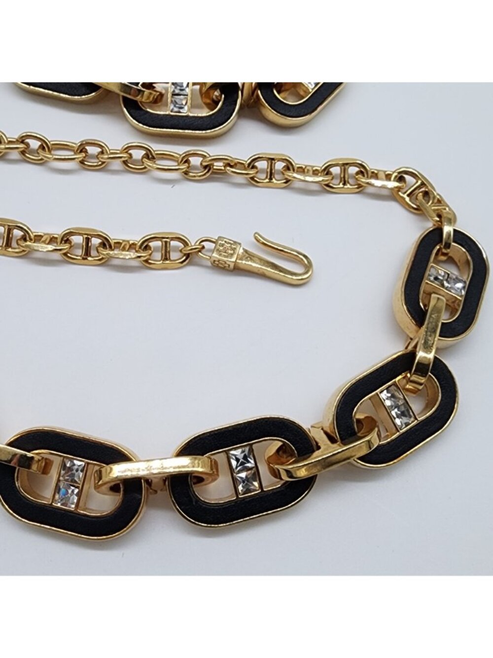 Ann Taylor Bracelet & Necklace Set Inlay Black Leather Gold Tone Chunky Chain VT - Picture 4 of 9